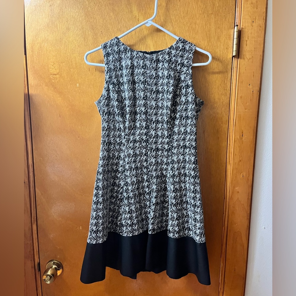 Ralph Lauren Tweed Fit & Flare A-Line Dress White Black Leather Trim Size 6P